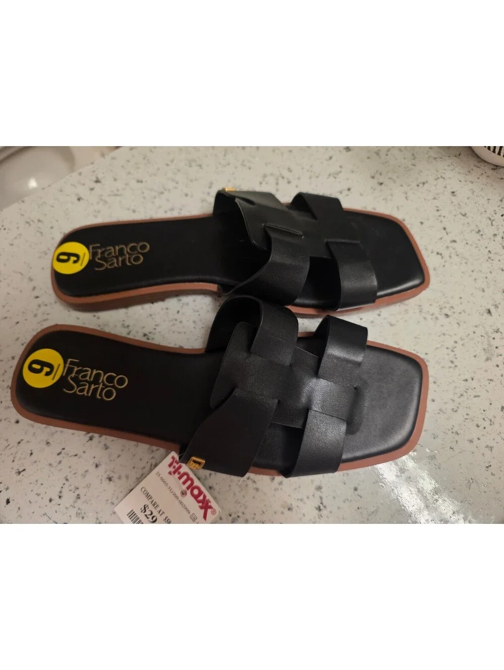 Franco Sarto Black and Brown Trim Woven Slide Sandals